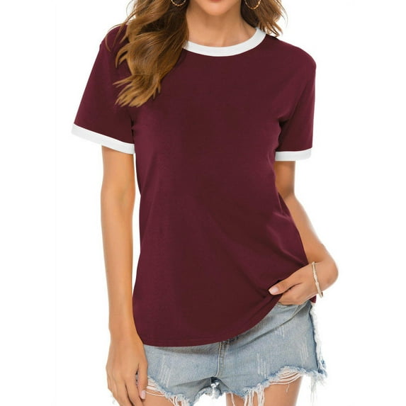 TWZH Women White Border Solid Color Crew Neck Raglan Short Sleeve T-shirts Tops