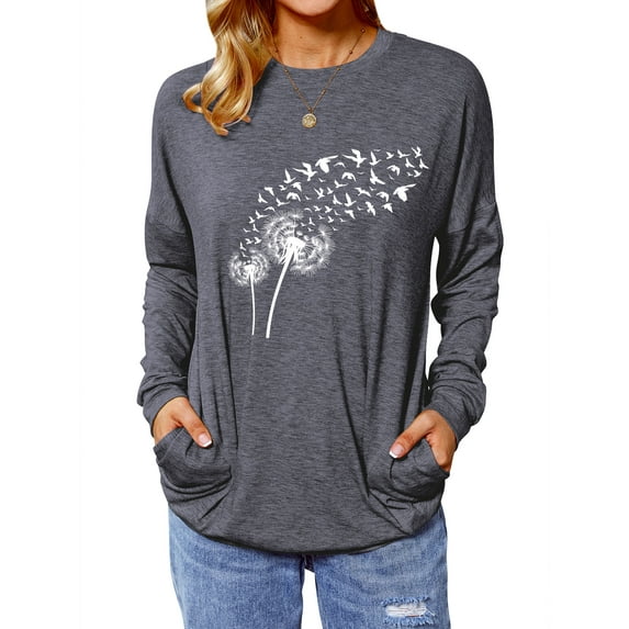 TWZH Womens Dandelion Graphic Pure Pullover Crewneck Long Sleeve Top