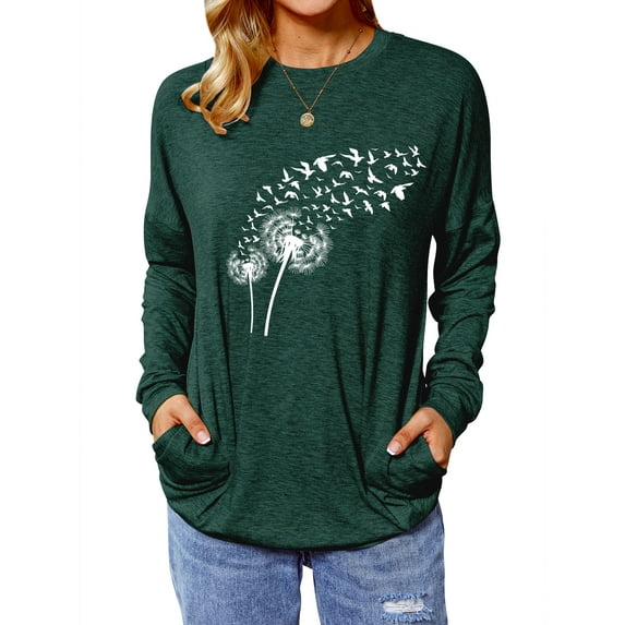 TWZH Womens Dandelion Graphic Pure Pullover Crewneck Long Sleeve Top