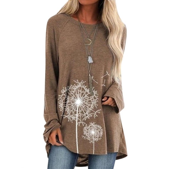 TWZH Womens Dandelion Graphic Tunic Crewneck Long Sleeve Tee Shirt
