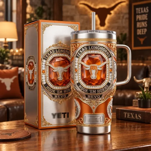 TX Longhorns 40oz Insulated Tumbler with Handle and Straw, Bevo Hook Em Horns Collector Style Travel Cup, Texas College Football Fan Gift