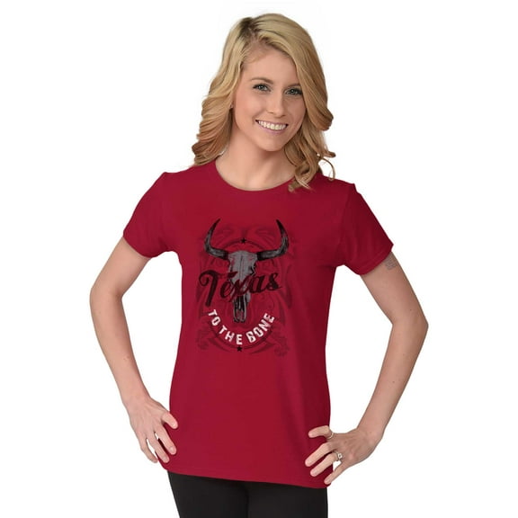 TX Texas to the Bone Cool Cow Skull Womens Slim Fit Graphic Tee Brisco Brands L