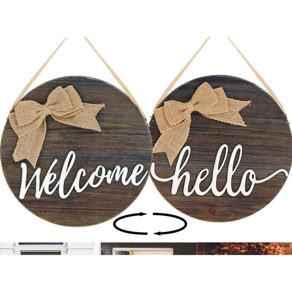 TX USA 12in Reversible Brown Welcome Hanging Sign for Front Door Decor - Rustic Door Hangers