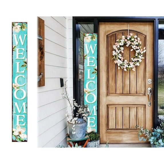 TX USA 72in Summer Magnolia Welcome Porch Sign  Rustic Wooden Decor  Outdoor Wall Art  Vibrant Floral Farmhouse Patio Decor