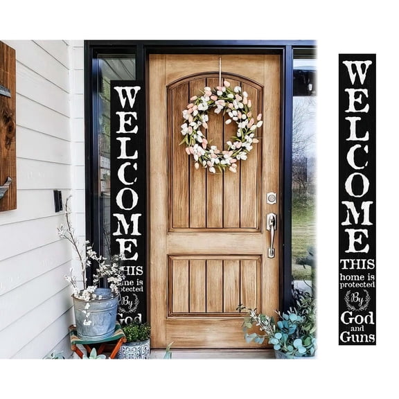 TX USA 72in 'This Home is Protected by God and Guns'  Foldable Wooden Front Door & Porch Sign  Bold Home Security Statement  Black