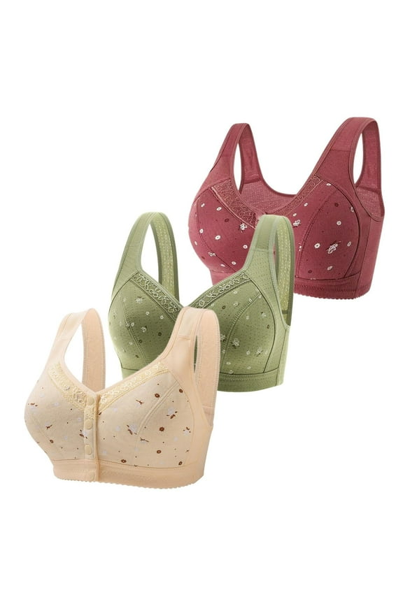 TXGREN 3 Pack Daisy Bras for Older Women 2024 Front Close Button Cotton Bras Comfortable Full Support Wide Back No Underwire Bras Bras for Women size:38-50