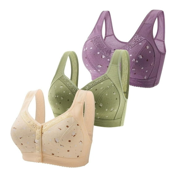 TXGREN 3 Pack Daisy Bras for Older Women 2024 Front Close Button Cotton Bras Comfortable Full Support Wide Back No Underwire Bras Bras for Women size:38-50