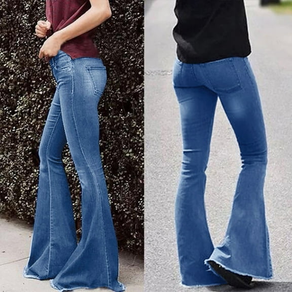 TXGREN jeans for women Women Flare Mid Waisted Denim Jeans Pocket Stretch Slim Tassel Pants Jeans womens jeans Blue M