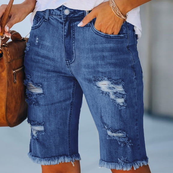 TXGREN jeans for women Women's Rhinestone Shorts Mid Waist Ripped Frayed Hem Tessles Stretchy Jean Shorts with Pockets womens jeans Blue+XXL