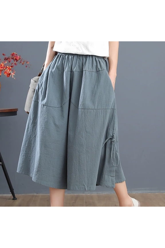 pants for women trendy women's pants Plus Size Women's Pants Summer Loose Wide Leg Pants Elastic Waist Ladies Culottes Capri Pants Chiffon Pants pants for women work casual Blue+5XL