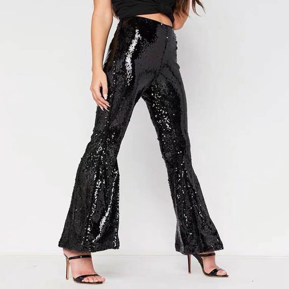 TXGREN pants for women trendy women's pants Women's Sequined Shiny High Waist Stretch Flare Pants Nightclub Trousers pants for women work casual Black+S