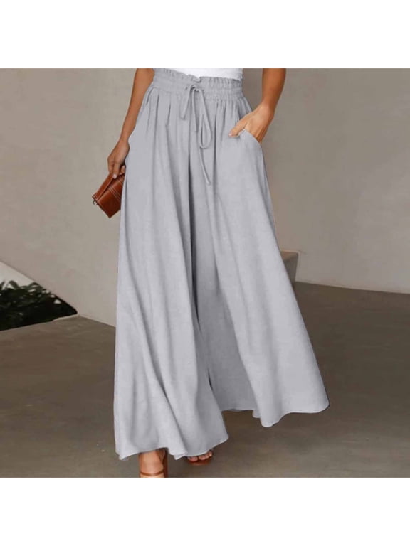 pants for women trendy women's pants Womens Casual Wide Leg Pants Flowy Elastic Drawstring Waist Palazzo Pants with Pockets pants for women work casual Grey + XXL