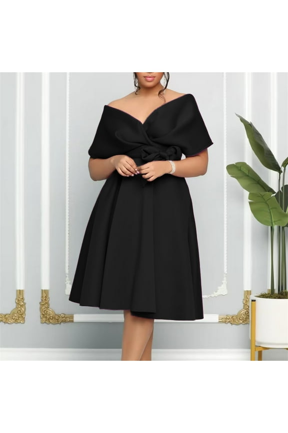 plus size summer dresses European And American Women's V Neck Off The Shoulder Straps Big Dress Banquet Dress plus size dresses for curvy women Black+XL