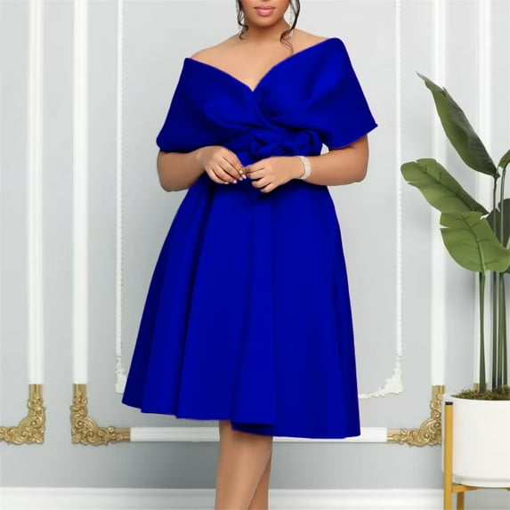 TXGREN plus size summer dresses European And American Women's V Neck Off The Shoulder Straps Big Dress Banquet Dress plus size dresses for curvy women Blue+XL