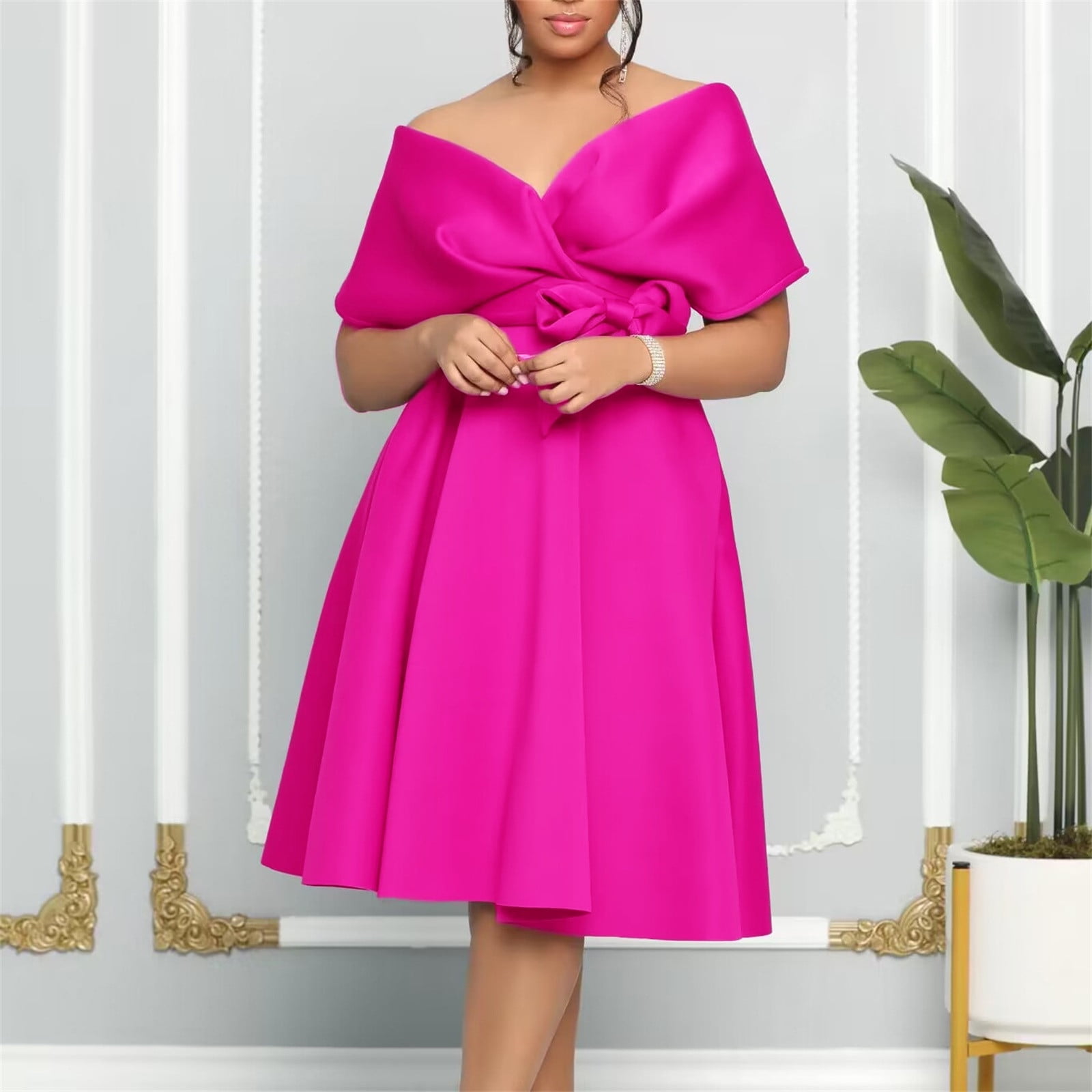 TXGREN plus size summer dresses European And American Women's V Neck Off  The Shoulder Straps Big Dress Banquet Dress plus size dresses for curvy  women Hot Pink+XL - Walmart.com