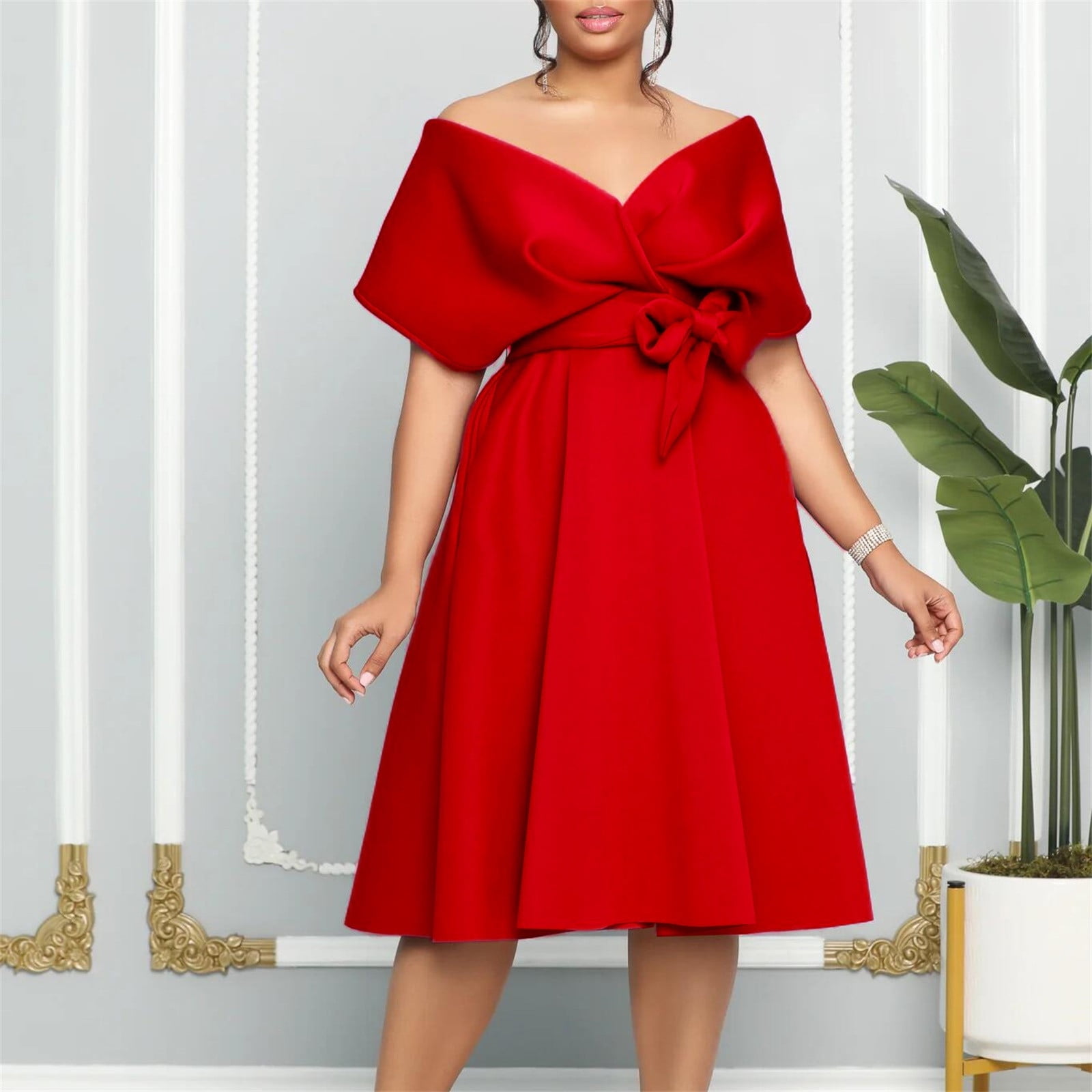 open lace back dress Final Sale Plus Size Long Sleeve Gown with V-Neck in Red main image 1