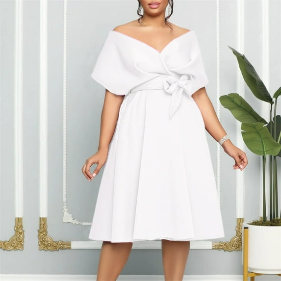 TXGREN plus size summer dresses European And American Women's V Neck Off The Shoulder Straps Big Dress Banquet Dress plus size dresses for curvy women White+XL