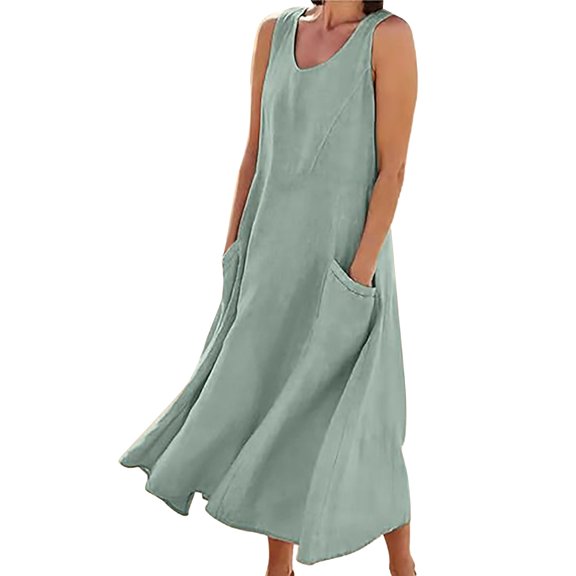 TXGREN plus size summer dresses Women Casual Solid Dress Round V Neck Sleeveless Pocket Dress Splice Loose Dress plus size dresses for curvy women Green+3XL
