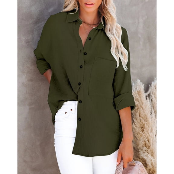 TXGREN plus size tops for women Ladies Summer Stand Collar Loose Button Up Women Solid Color Shirts Casual Pocket Shirts Tops summer dresses for women 2024 plus size Green+XXL