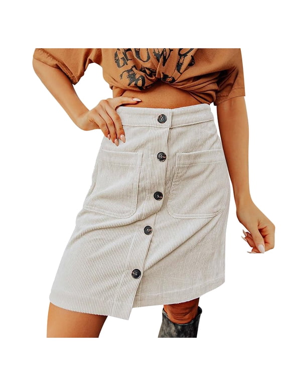 skirts for women Womens Corduroy Skirts Fall Winter High Waist Button Down A Line Short Mini Skirt with Pockets skirts for women trendy summer women's skirts White+M