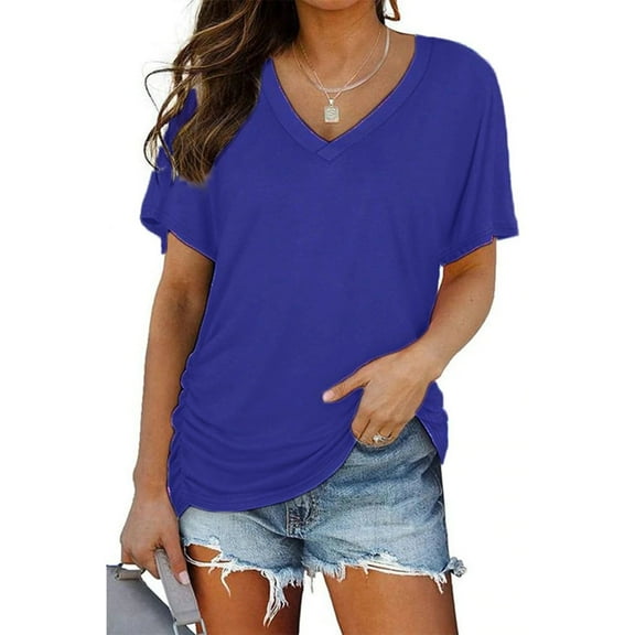 TXGREN t shirts for women Short Sleeves V Neck Plain Color Soft Loose Fitting Summer T Shirts Women women's t-shirts Blue L