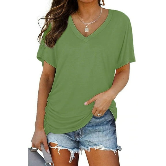 TXGREN t shirts for women Short Sleeves V Neck Plain Color Soft Loose Fitting Summer T Shirts Women women's t-shirts Green+XXL