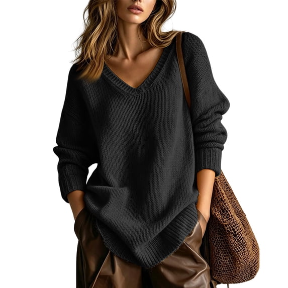 Hsovts Women Oversized Deep V‑Neck Chunky Knit Sweater Drop‑Shoulder Long Sleeve Multi‑Color Cozy Fall Winter Pullover Black L