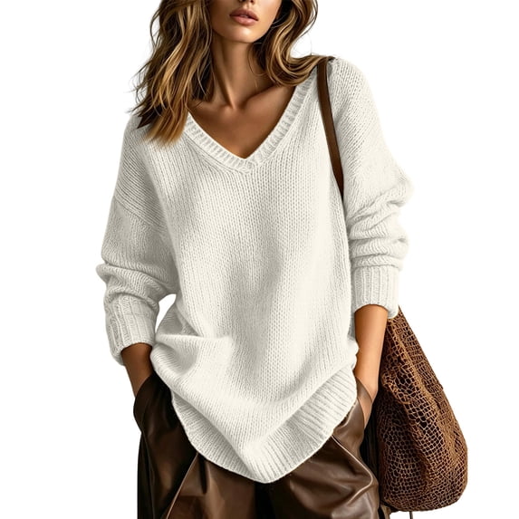 Hsovts Women Oversized Deep V‑Neck Chunky Knit Sweater Drop‑Shoulder Long Sleeve Multi‑Color Cozy Fall Winter Pullover White S