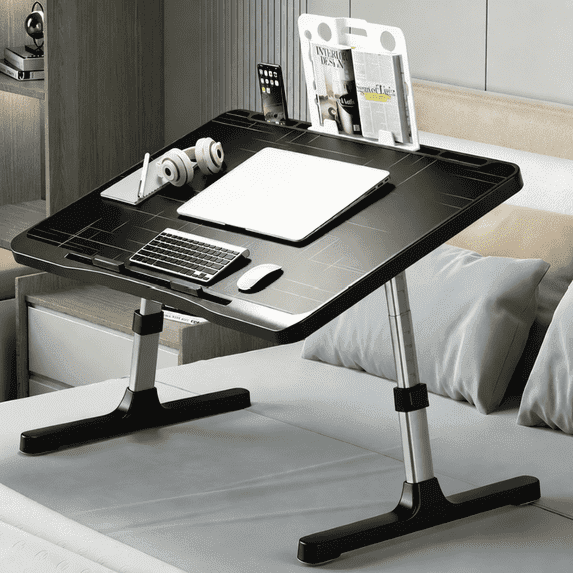 TXRUME 12.6" Foldable Lap Desk, Height & Angle Adjustable Laptop Tray Table with Tablet Slot, Anti-Slip Portable Bed Desk for Study, Work, Black