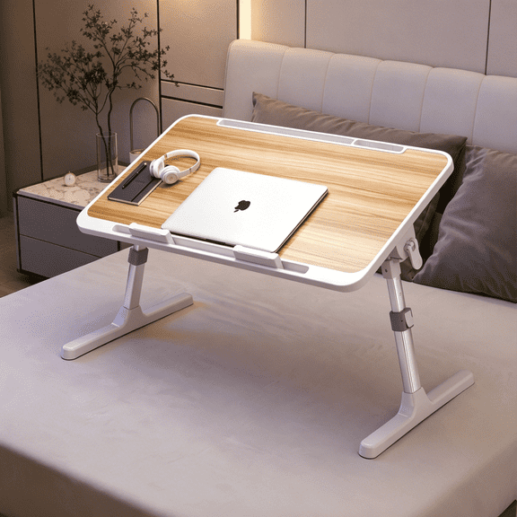 TXRUME 12.6" Foldable Lap Desk, Height & Angle Adjustable Laptop Tray Table with Tablet Slot, Anti-Slip Portable Bed Desk for Study, Work, Walnut