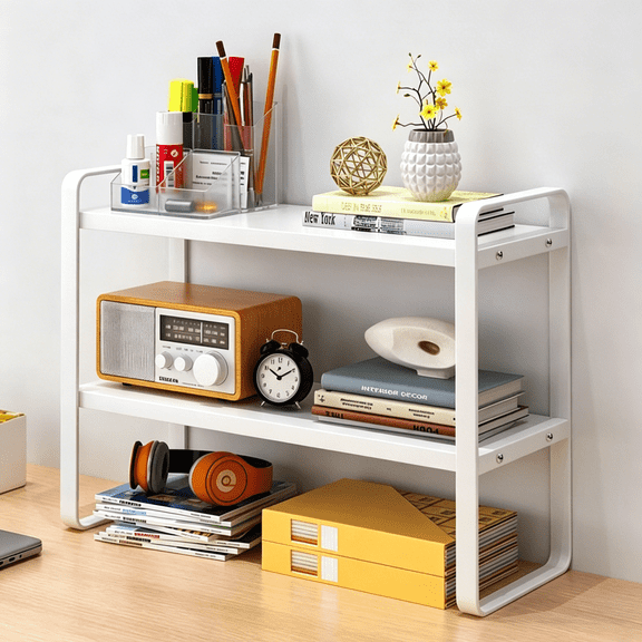 TXRUME 2-Tier Desktop Shelf Organizer, Desk Storage for Home & Office Supplies, Multifunctional Holder for Desk with White Board & White Metal Frame