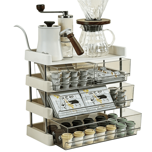 TXRUME 3-Tier Coffee Bar Organizer, Plastic Coffee Station Accessories with 5 Drawers, Storage Organizer for Vanity & Office Supplies, White