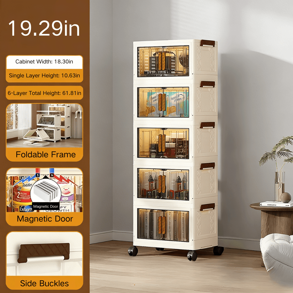 TXRUME 548Qt Foldable Storage Cabinet with Lids, 4 Tier Plastic Containers With Drawers, Stackable Storage Organizer with Doors & Wheels, Collapsible Closet Containers with Magnetic Door