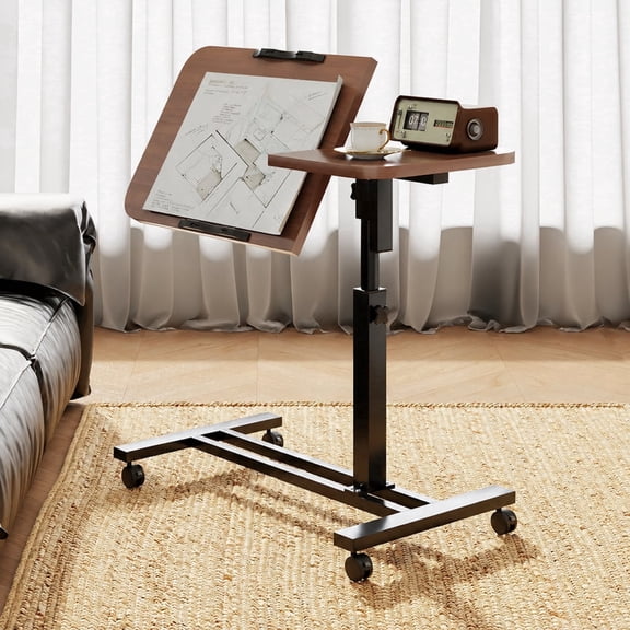 TXRUME Adjustable Height Overbed Table, C-Shaped Mobile Rolling Laptop Desk with Wheels, Bedside Table for Bed & Sofa & Office, Brown Laptop Cart