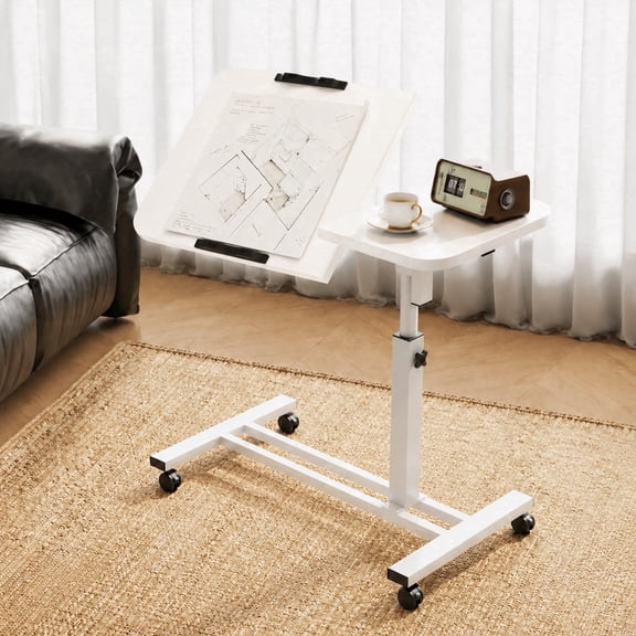 TXRUME Adjustable Height Overbed Table, C-Shaped Mobile Rolling Laptop Desk with Wheels, Bedside Table for Bed & Sofa & Office, White Laptop Cart