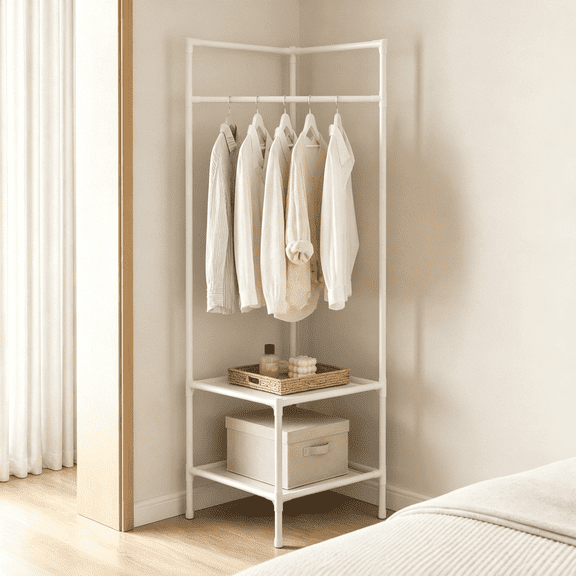 TXRUME Freestanding Metal Clothes Rack, 2 Tier Storage Shelves Garment Organizer for Bedroom Home Use, White