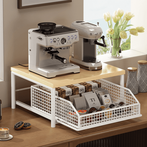 TXRUME Coffee Bar Organizer, Pod Drawer Holder with Bottom Storage Basket, Coffee Machine Storage Rack for Office, Kitchen, Living Room, White
