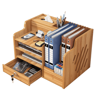 TXRUME Desk Organizer, Desktop Wood Storage with Pen Holder and Tissue Holder, Large Capacity File Rack with Locked Drawer for Office, Home, Walnut