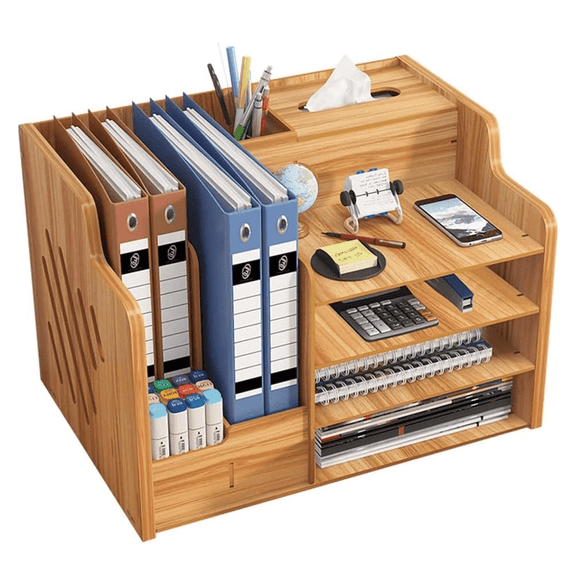 TXRUME Desk Organizer, Desktop Wood File Storage with Pen & Tissue Holder, Large Capacity Desktop File Rack, Storage Rack for Office, Home, Walnut