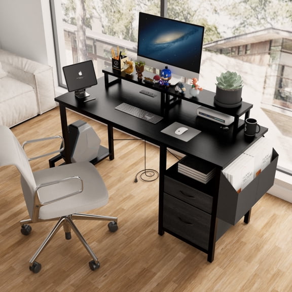 TXT-MATRIX 47.3" Modern Computer Office Desk, Power Outlet & Monitor Shelf, Drawers, Side Pocket & Hooks, Multi-Function Gaming/Writing Table, Easy Assembly, Black