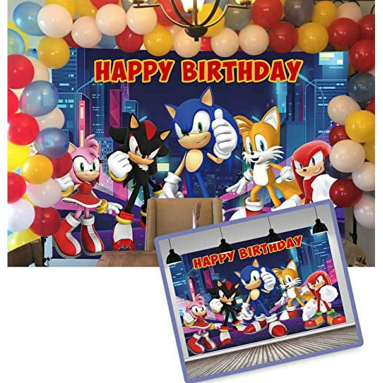 Sonic Hedgehog fundo de fotografia para crianças Happy Birthday Photo Booth  Studio adereços Blue Sonic Boom Desenho Desenho Montanha Super City Foto  cenário bolo banner de mesa Studio Booth 7x5ft