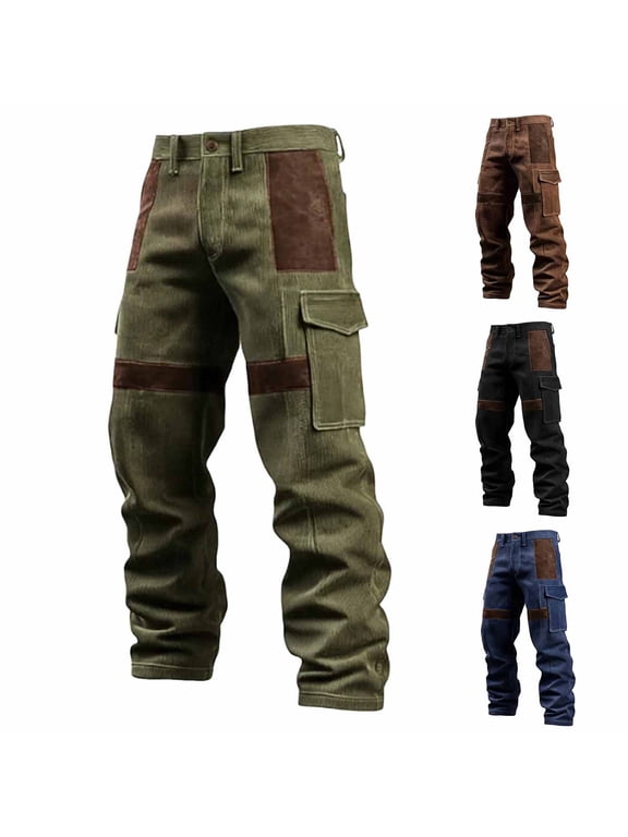 Men's Vintage Cargo Pants Patchwork Straight Leg Multi Pocket Work Trousers 2026 Fall Casual Washed Heavy Duty Walking Pants