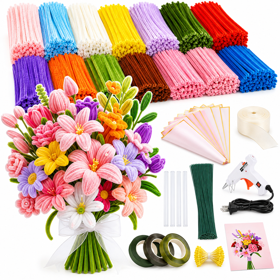 TXXTOL 1000 Pcs Pipe Cleaner Flower Kit, 13 Colors Chenille Stems with Hot Glue Gun & Video. Diy Bouquet Crafts Supplies for Adults & Home Gifts