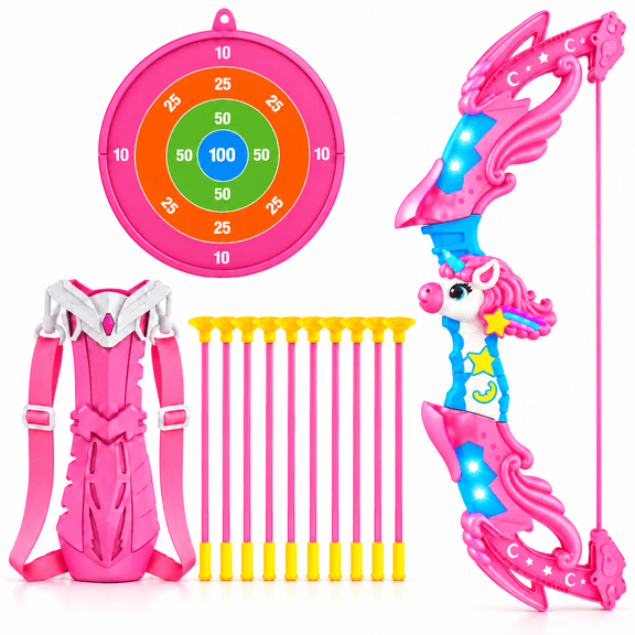 TXXTOL Unicorn Bow and Arrow Set with 10 Suction Cup Arrows, Light-Up Archery Toy for Girls Ages 3-12 with Target & Quiver, Pink