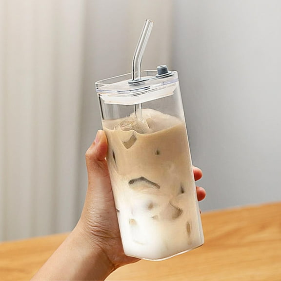 TXYRDXK 1Pcs Square Glass Cup with Lids and Straws, Portable Drinking Clear Tumblers 400ml/14oz, Heat Resistant Transparent Milk Tea Juice Cups Coffee Mug For Home Bar Drinkware (Glass Lid)