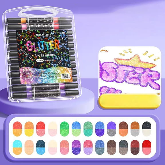 TXYRDXK Glitter Brush Markers Pens, 48 Colors Dual Tip Glitter Pens Set 24 Pack Metallic Sparkle Markers for Cards, DIY Crafts, Doodle, Writing, Adults Coloring Books, Art Supplies Scrapbooking