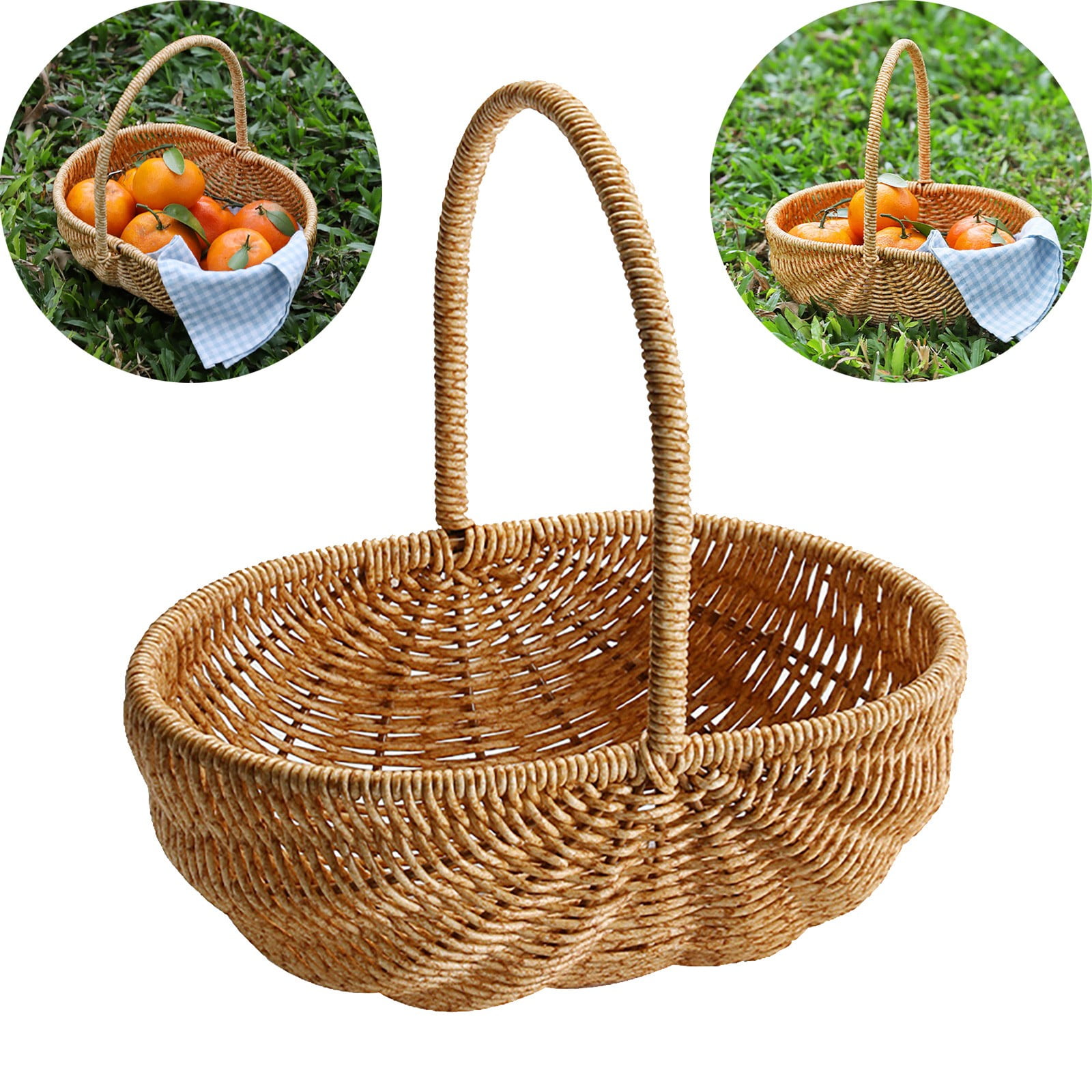 TXYRDXK Rattan Picnic Basket with Handle, Wicker Woven Storage Basket for Fruits, Vegetables, Snacks, Home Decor, Outdoor Use (9.45x6.69x9.84inch)