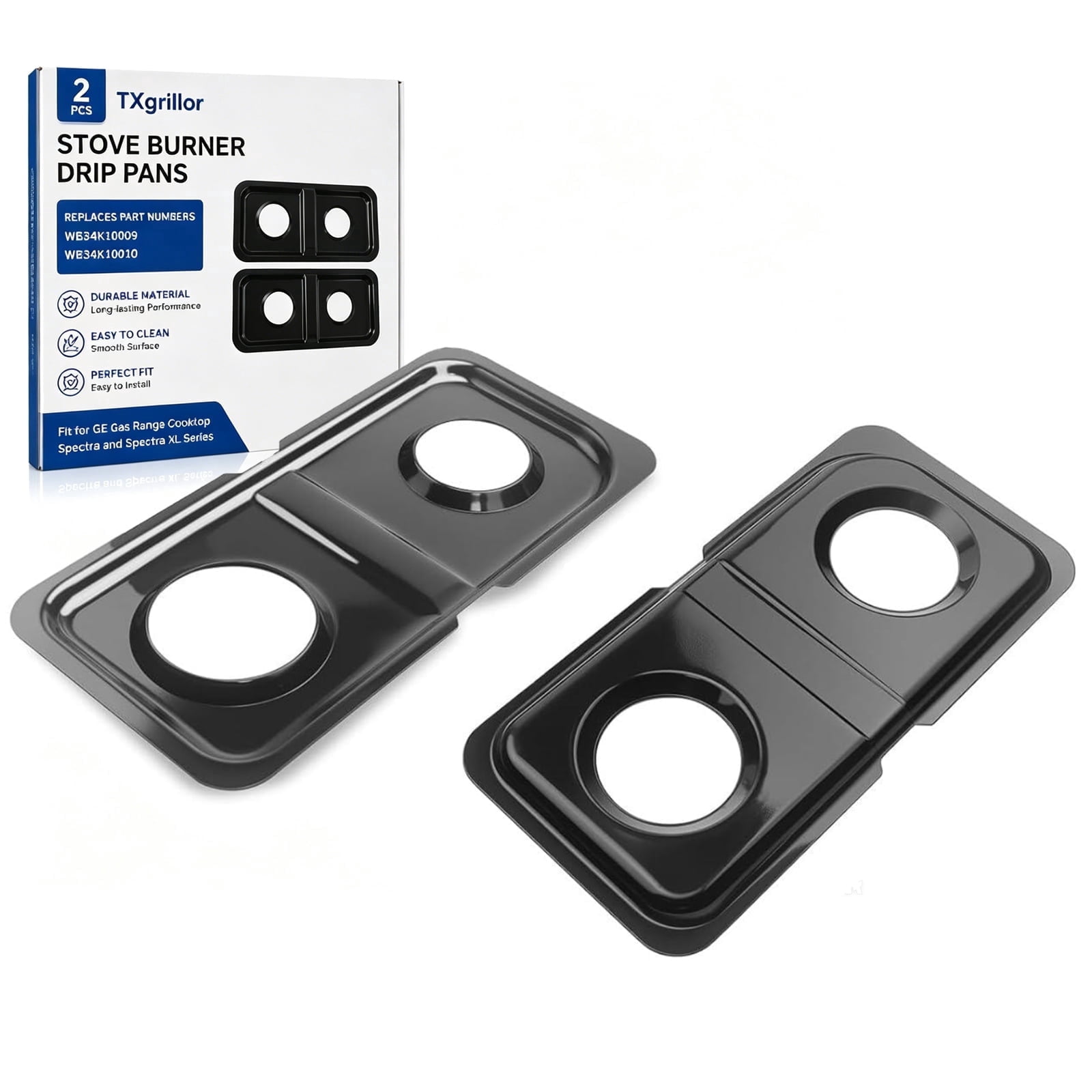 TXgrillor WB34K10009 WB34K10010 Replacement Drip Pans for GE Spectra XL44 Gas Stove Oven Cooktop, Black Stainless Steel Double Burner, 2 pcs