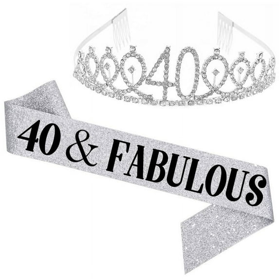TY"40 and Fabulous" Sash & Rhinestone Tiara Set - 40th Birthday Sash 40 Birthday Gifts Party Favors,silver