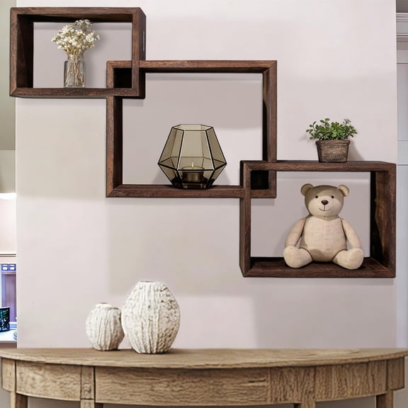 TY Arts & Culture Floating Box Shelves, 3 Square L-Shaped Wooden Wall Cubes, 32.25"W Wood Matte Finish Brown
